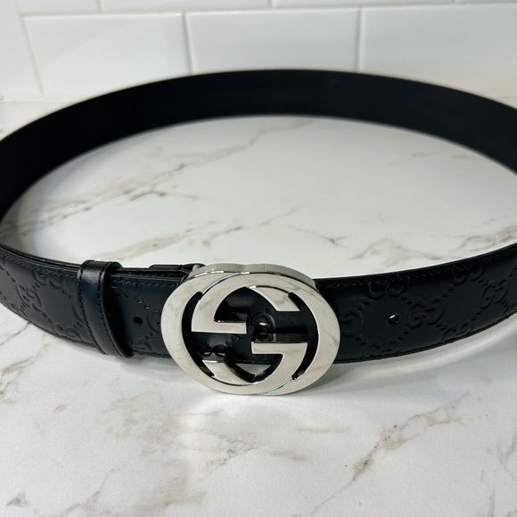 Black Gucci Signature Leather Belt w/ Interlocking G Buckle, Emboss w/ Initials - Picture 1 of 11